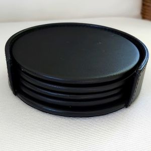 DECASSO 4 Leather Coasters Black With Matching Holder